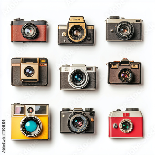 Set of vintage cameras isolated on a white background