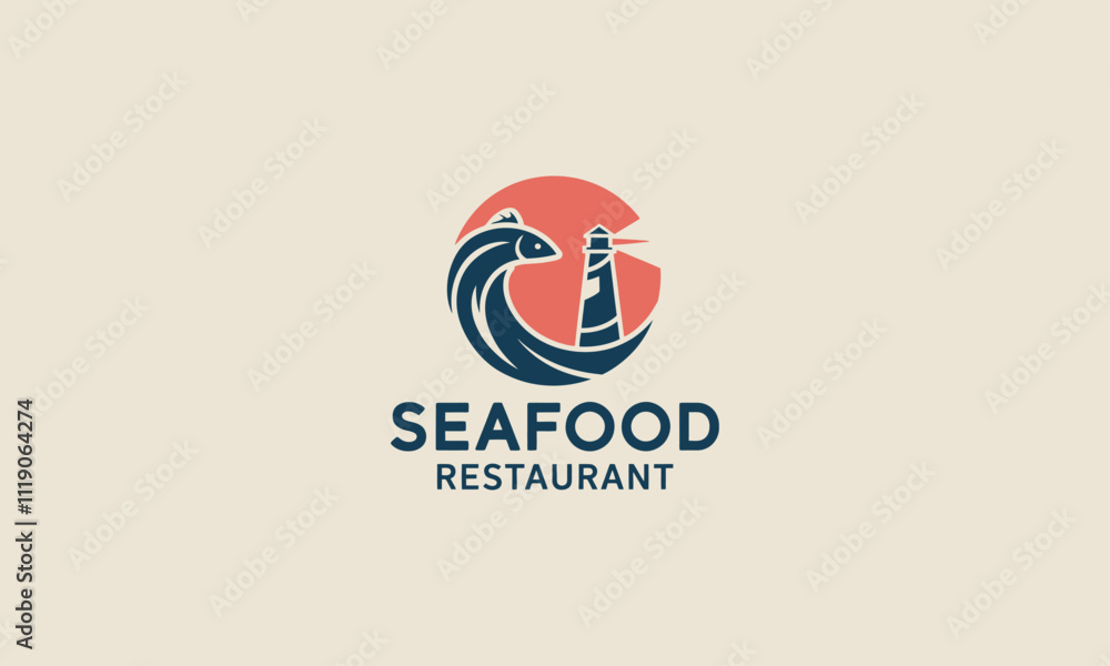 Minimal seafood restaurant logo with wave and fish Minimal seafood restaurant logo with wave and fish
