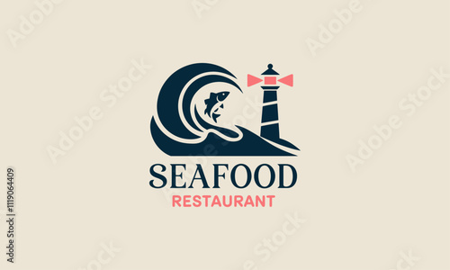 Minimal seafood restaurant logo with wave and fish