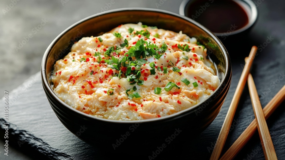 Delicious rice bowl topped with creamy sauce, herbs, and spices Delicious rice bowl topped with creamy sauce, herbs, and spices