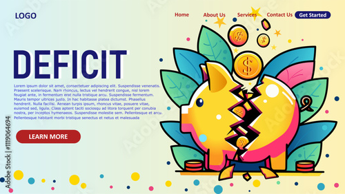 Broken Piggy bank, vector art, simple, minimalist, vibrant color, deficit