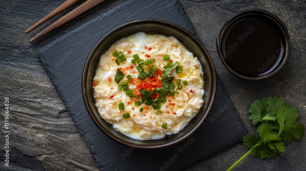 Creamy Savory Egg Dish with Chives and Chili Garnish on Slate Creamy Savory Egg Dish with Chives and Chili Garnish on Slate