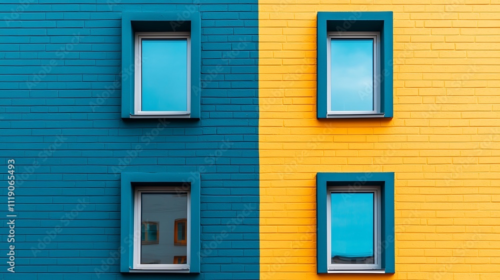Fototapeta premium Blue and Yellow Brick Wall with Windows Modern Architecture Exterior Design