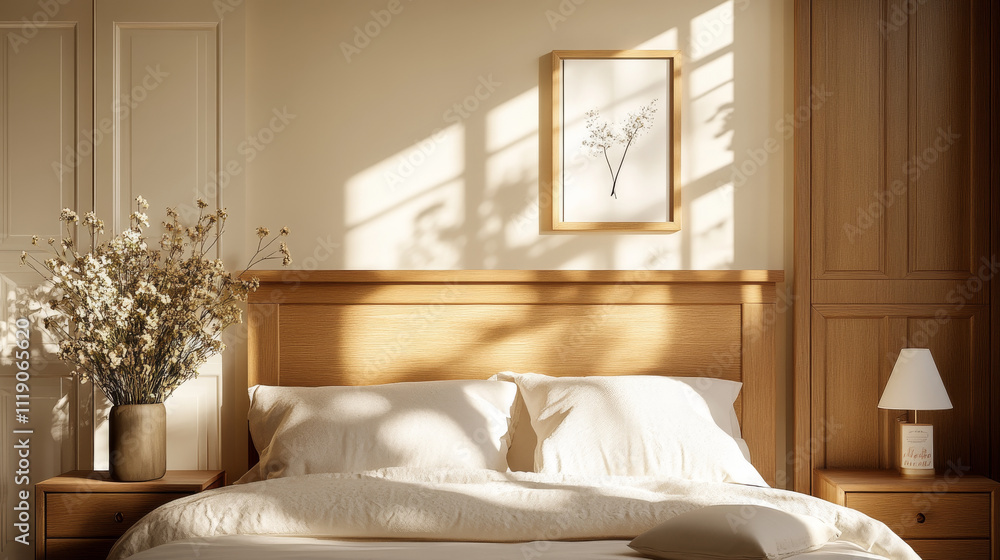 A serene bedroom scene featuring wooden bed with soft white bedding, complemented by decorative vase of flowers and gentle sunlight casting shadows on wall A serene bedroom scene featuring wooden bed with soft white bedding, complemented by decorative vase of flowers and gentle sunlight casting shadows on wall