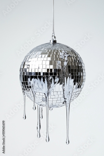 A disco ball dripping with silver liquid, on a white background