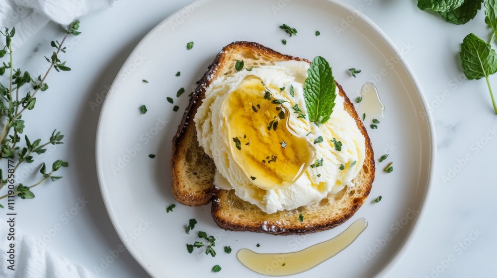 Creamy Ricotta Toast with Honey, Herbs, and Mint Garnish Creamy Ricotta Toast with Honey, Herbs, and Mint Garnish