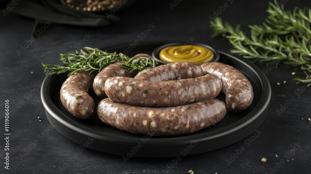 Raw Handmade Sausages on a Black Plate with Herbs and Mustard Raw Handmade Sausages on a Black Plate with Herbs and Mustard