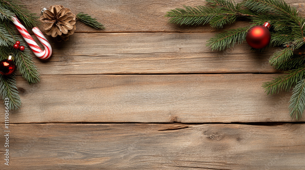 Festive Christmas decorations with pine branches, ornaments, and candy canes create warm holiday atmosphere. Perfect for seasonal celebrations and gatherings Festive Christmas decorations with pine branches, ornaments, and candy canes create warm holiday atmosphere. Perfect for seasonal celebrations and gatherings