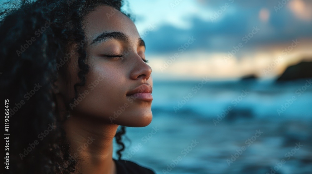 Tranquil woman meditating by the ocean at sunset Tranquil woman meditating by the ocean at sunset