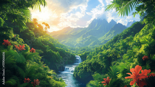 Stunning view of a picturesque tropical paradise with lush greenery, vibrant red flowers, cascading waterfalls, and majestic mountain peaks under a serene blue sky.