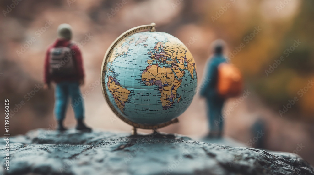 Exploring the world with a globe and two adventurous hikers in nature Exploring the world with a globe and two adventurous hikers in nature