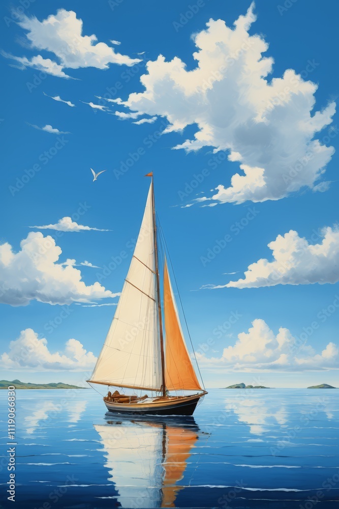 Fototapeta premium painting of a sailboat floating on a calm lake under a cloudy sky