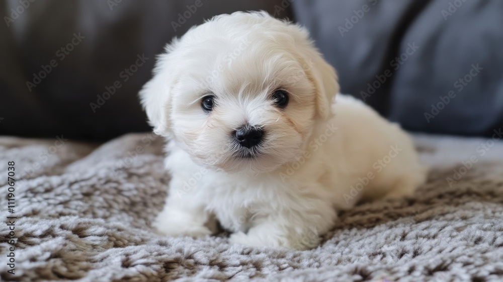 National Puppy Day Adorable fluffy puppy resting on soft blanket in cozy home setting National Puppy Day Adorable fluffy puppy resting on soft blanket in cozy home setting