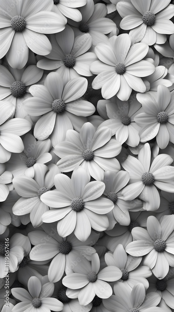 A monochrome floral pattern featuring various daisies in a dense arrangement. A monochrome floral pattern featuring various daisies in a dense arrangement.