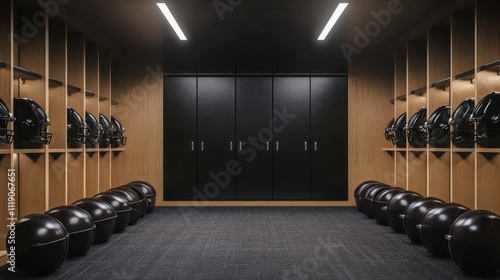 Modern football locker room with helmets and equipment in minimalistic design