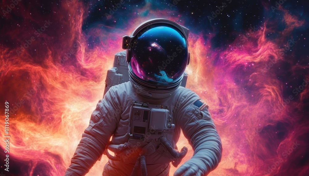 Cosmic Astronaut Portrait in Vibrant Nebula Background with Star Reflection Cosmic Astronaut Portrait in Vibrant Nebula Background with Star Reflection