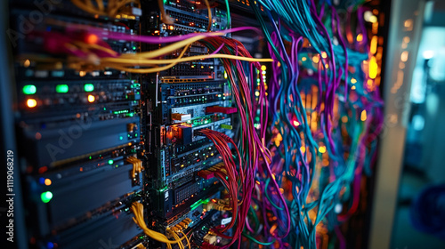 Colorful network cables connect various servers in a modern data center