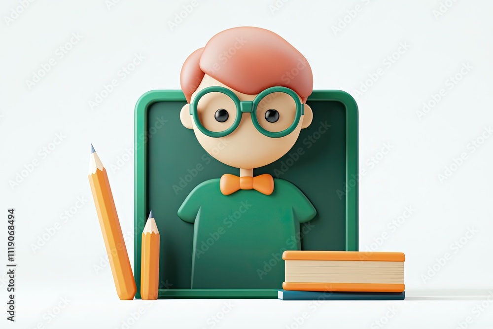 A 3D icon of a teacher portrait with a chalkboard, book, and pencil, in a green theme on a white background A 3D icon of a teacher portrait with a chalkboard, book, and pencil, in a green theme on a white background