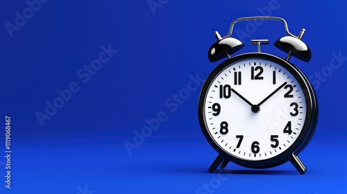 Classic Black Alarm Clock with White Face on Blue Background