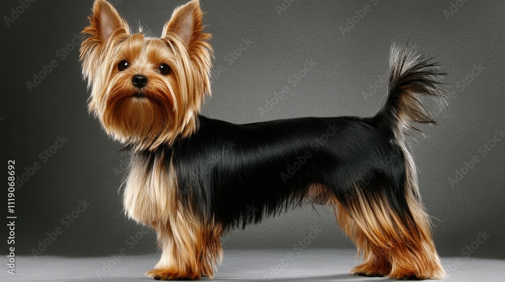 Naklejka premium Adorable yorkshire terrier with silky coat and alert expression