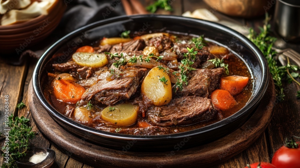 Jewish Brisket Hearty beef stew with potatoes and carrots in rustic setting Jewish Brisket Hearty beef stew with potatoes and carrots in rustic setting