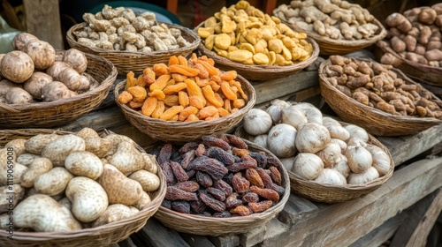 Tubers and Dried Fruit Month Diverse assortment of dried fruits and nuts in rustic baskets