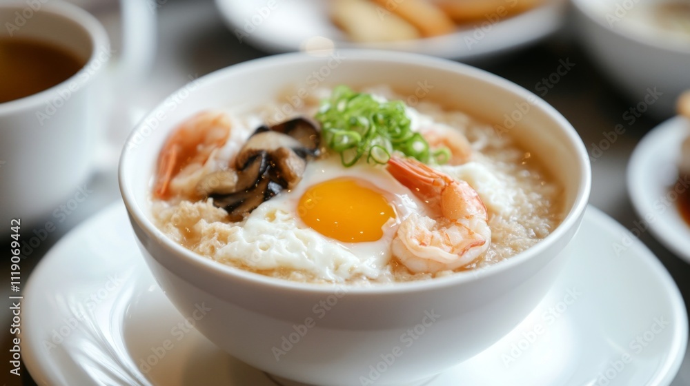 Delicious Bowl of Rice Porridge with Shrimp and Egg Garnish Delicious Bowl of Rice Porridge with Shrimp and Egg Garnish