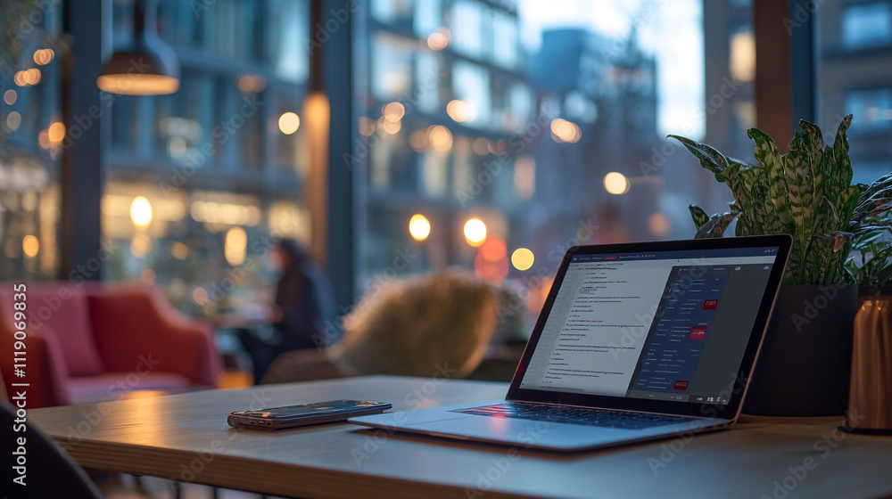 Cozy urban workspace with laptop and smartphone during evening hours Cozy urban workspace with laptop and smartphone during evening hours