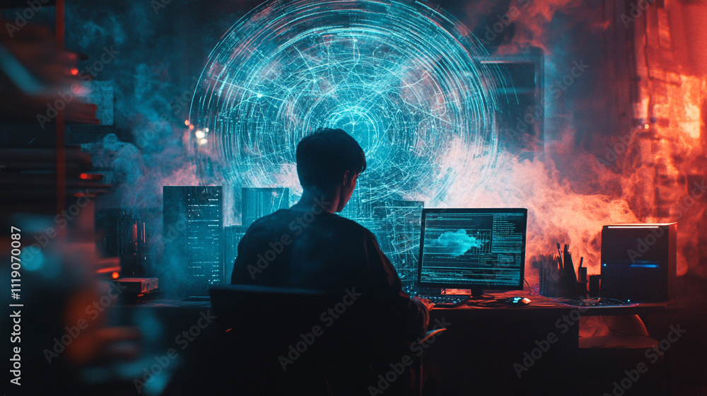 Complex data analysis in a dimly lit tech workspace with glowing visuals Complex data analysis in a dimly lit tech workspace with glowing visuals