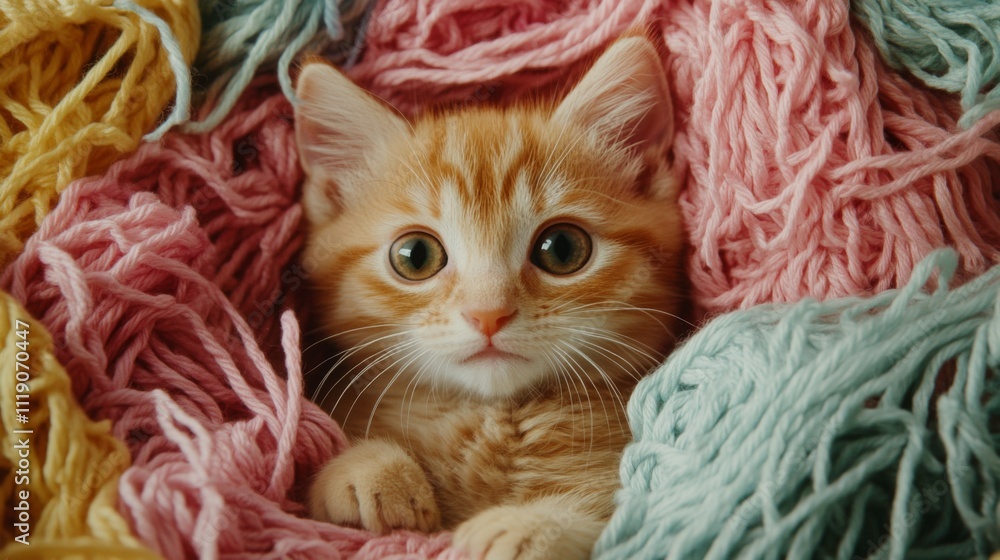 Naklejka premium Cute orange kitten surrounded by colorful yarn in soft texture