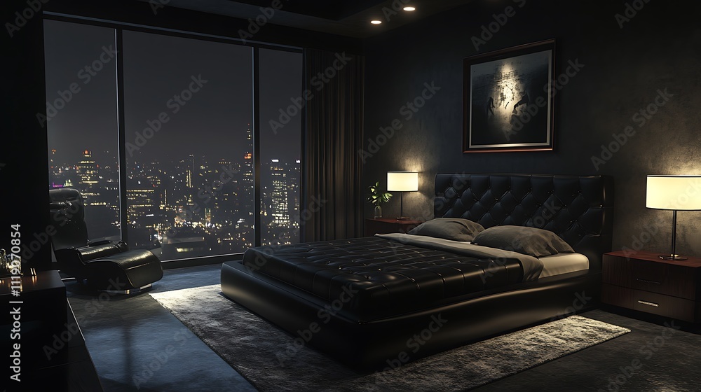 Modern Bedroom with Cityscape Night View and Black Leather Bed Modern Bedroom with Cityscape Night View and Black Leather Bed