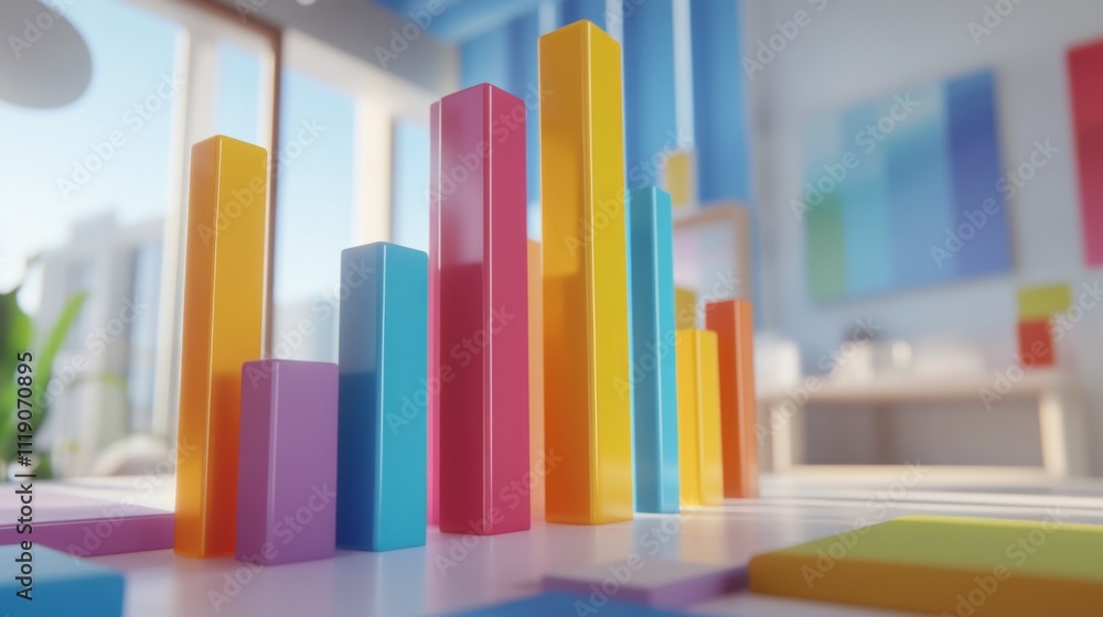 Colorful 3D Bar Graph Representing Data Analysis in Modern Room Colorful 3D Bar Graph Representing Data Analysis in Modern Room
