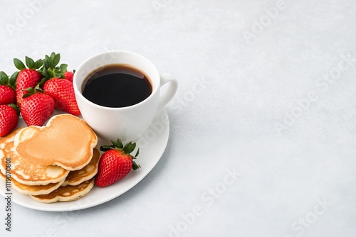 Charming Valentine s Breakfast with Heart Shaped Pancakes Strawberries and Steaming Coffee for Romantic Lifestyle Content photo