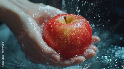 Close-up scene, cleaning the red apple with both hands in the tap water, only one pair of hand washing apple picture, product photography, realistic, green scene, summer scene, pan photo