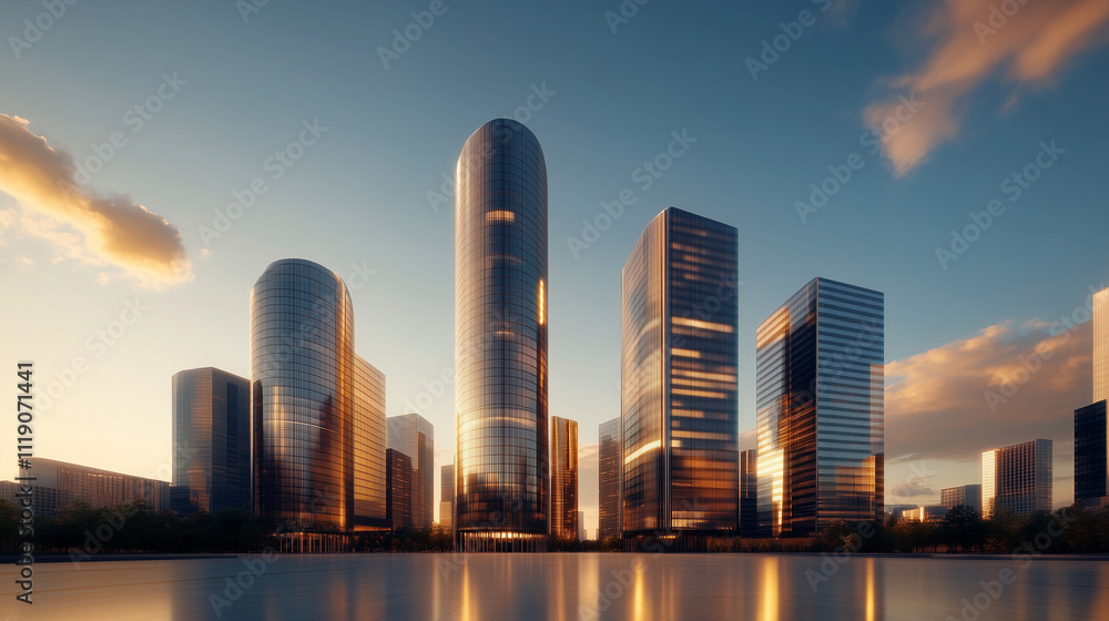 Naklejka premium Contemporary cityscape featuring sleek glass buildings, glowing under the warm hues of sunset, reflecting innovation and modernity. 