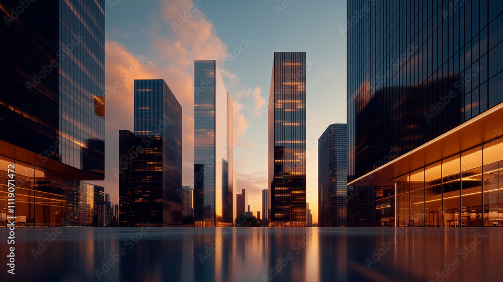 Contemporary cityscape featuring sleek glass buildings, glowing under the warm hues of sunset, reflecting innovation and modernity.
Contemporary cityscape featuring sleek glass buildings, glowing under the warm hues of sunset, reflecting innovation and modernity.