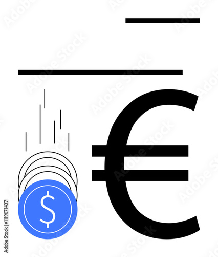 Falling blue dollar coins converting to large black Euro symbol. Ideal for finance, international trade, currency conversion, economics, banking, investment, and global markets. Line metaphor
