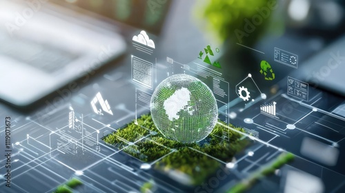 Corporate executives analyzing ESG goals on a holographic Earth, surrounded by green technology and governance icons