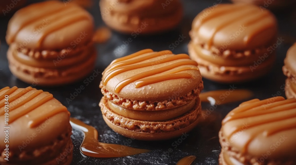 Delicious Caramel Macarons with Drizzled Sauce on Dark Background Delicious Caramel Macarons with Drizzled Sauce on Dark Background