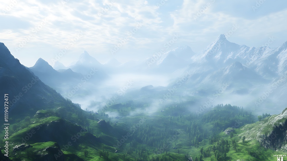 Obraz premium A Misty Mountain Valley with Lush Green Vegetation and Snow-Capped Peaks