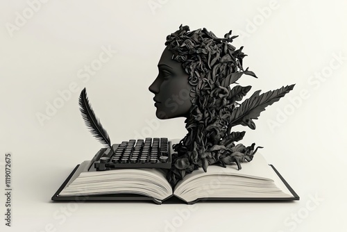 A 3D icon of a writer portrait with a typewriter, book, and quill, in a black and white theme on a white background