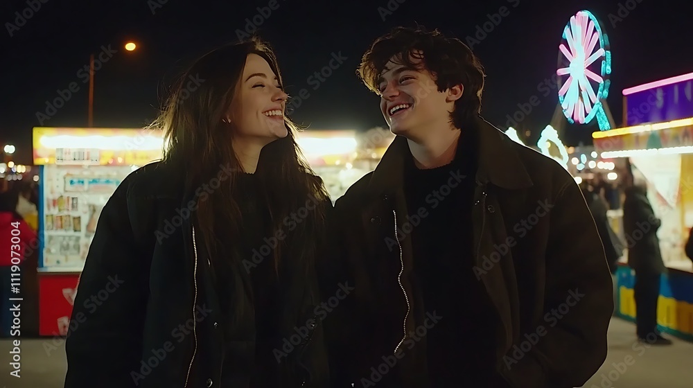 Couple smiling at each other at a carnival at night Couple smiling at each other at a carnival at night