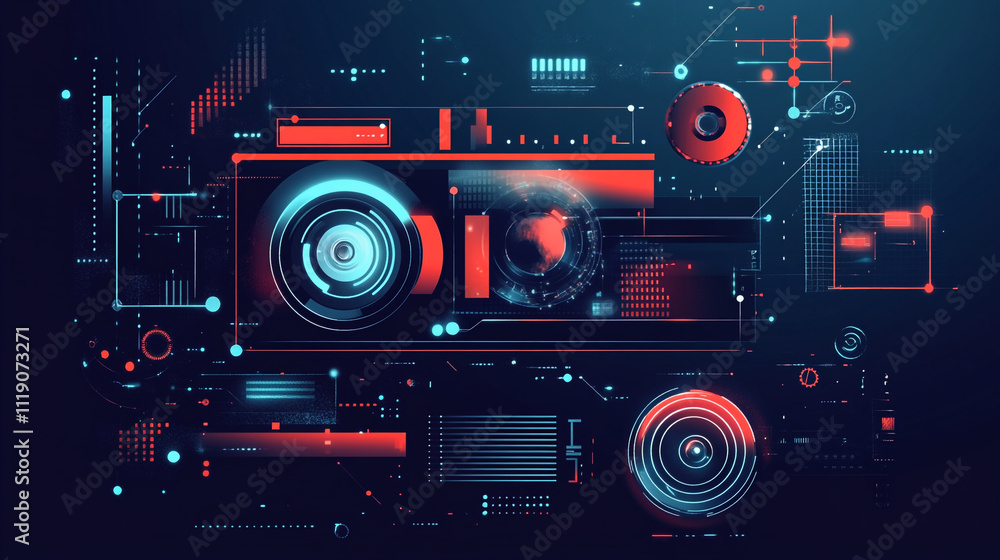 Fototapeta premium Futuristic digital interface with circular patterns and vibrant colors in abstract design