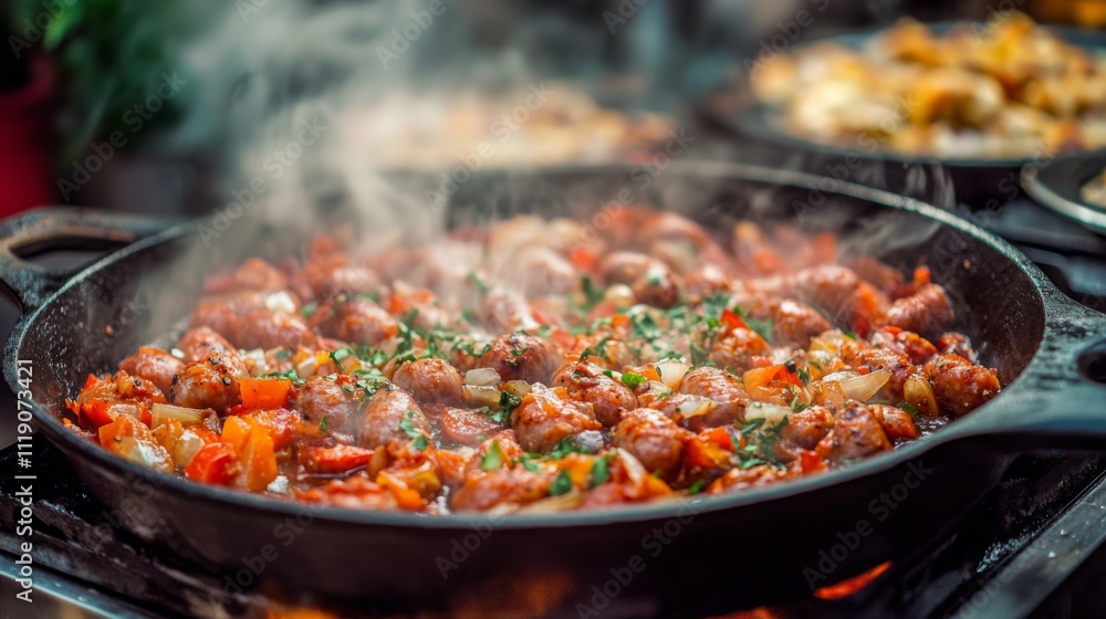 Deliciously Sizzling Sausages with Fresh Vegetables and Herbs Deliciously Sizzling Sausages with Fresh Vegetables and Herbs