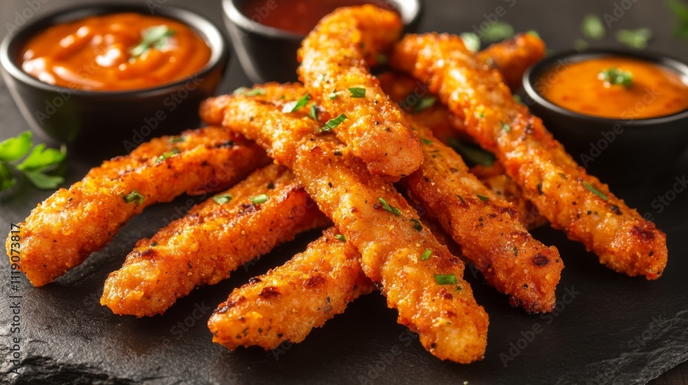 Crispy Golden Fried Snack Strips Served with Dipping Sauces Crispy Golden Fried Snack Strips Served with Dipping Sauces