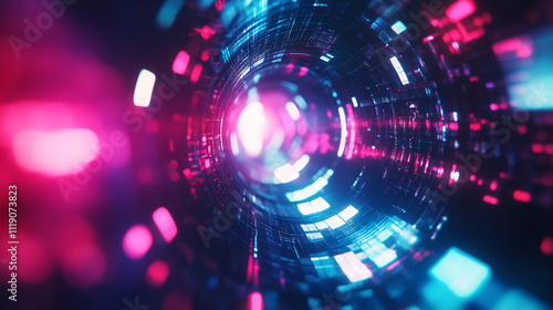 Colorful digital vortex with glowing lights and dynamic movement effects in a futuristic environment