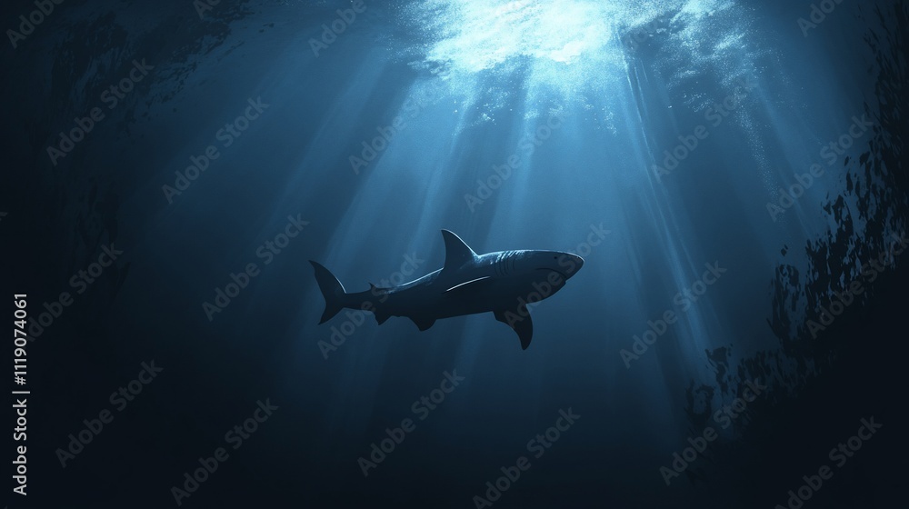 Obraz premium Shark swimming in deep dark ocean water with sunbeams.
