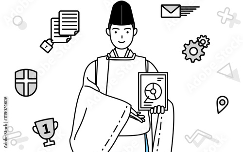 DXのイメージ、デジタル技術を利用して業務改善を行う神社の神主、烏帽子と狩衣姿