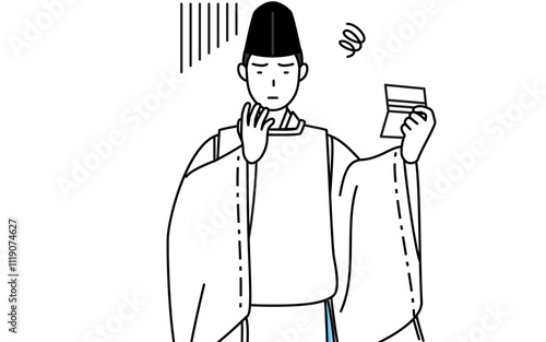 預金通帳を見て落ち込む神社の神主、烏帽子と狩衣姿