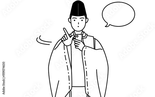 スマホを操作する神社の神主、烏帽子と狩衣姿